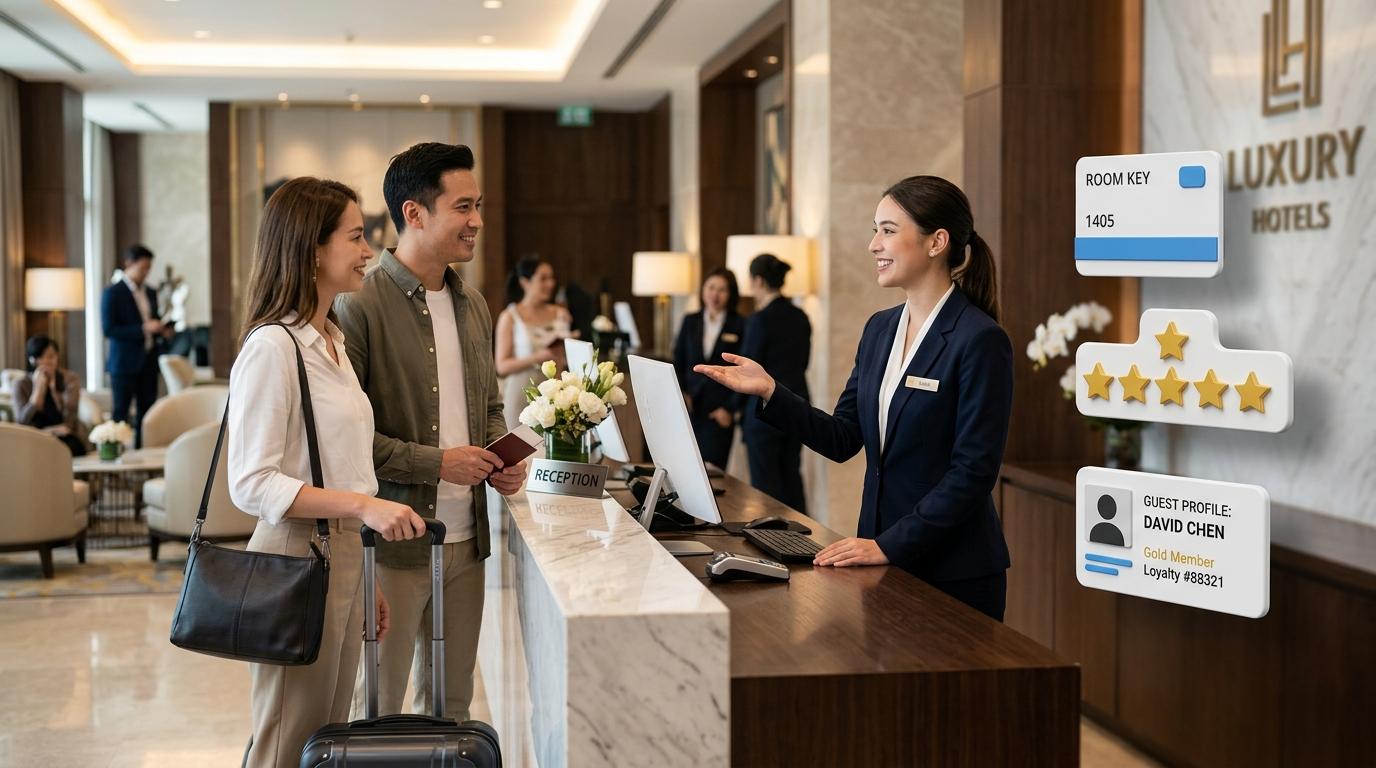 A hotel host greeting a guest at reception